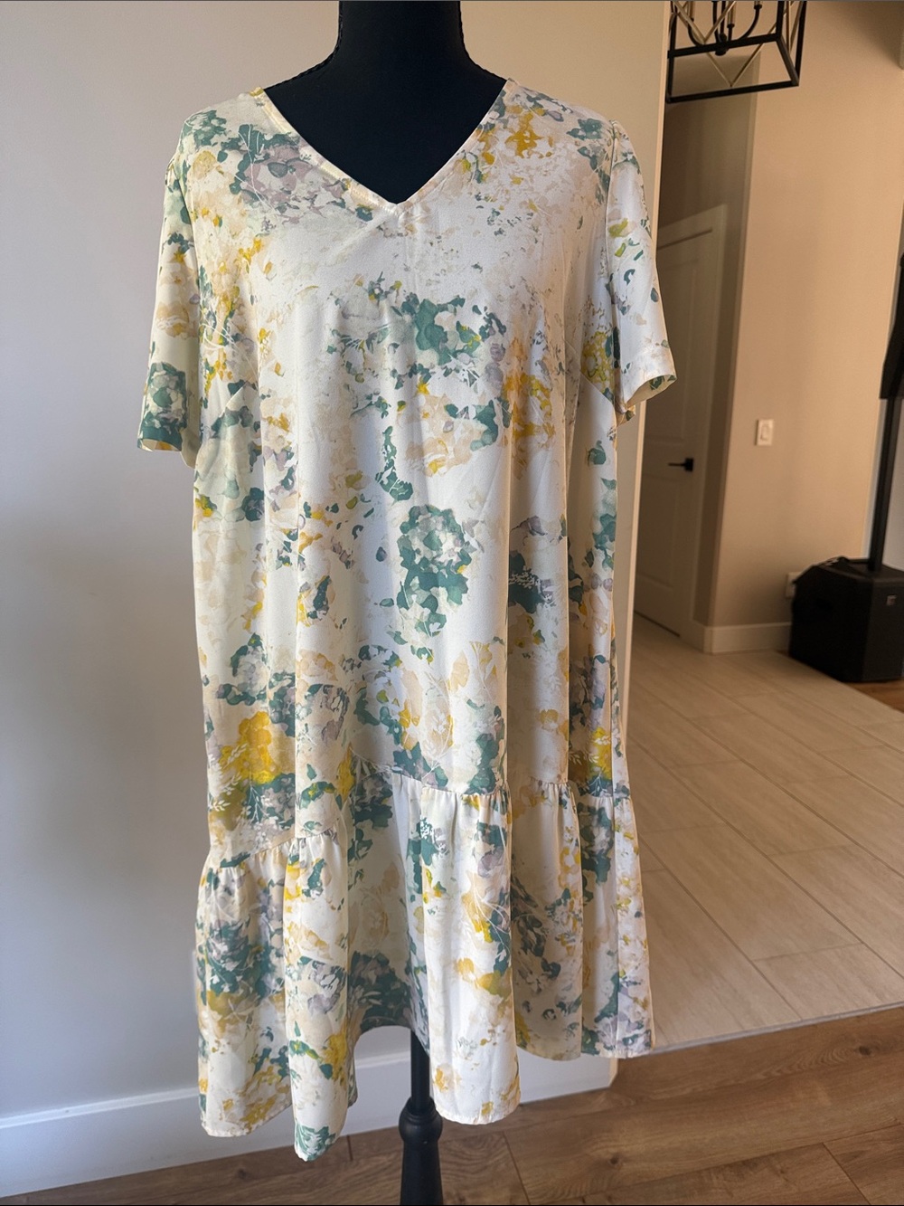 a new day Cream V-Neck Midi Dress with Green & Yellow Floral Splash